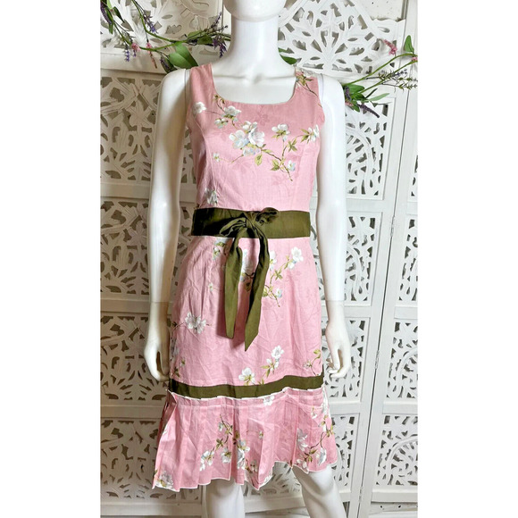 90s Y2K Women’s Preppy Pink Floral Silk Sleeveless Fit Flare Dress Size Small - Picture 1 of 12